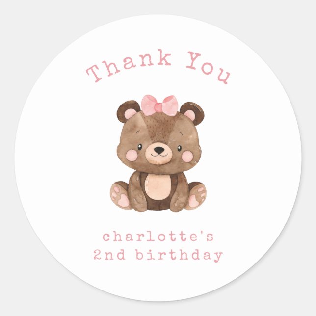 Cute Woodland Bear Pink Girl Birthday Thank You Classic Round Sticker (Front)