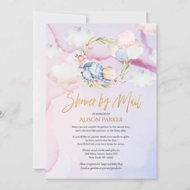 Cute Woodland Bear Pink Sky Baby Shower by Mail Invitation (Front)