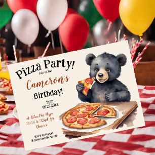 Cute Woodland Bear Pizza Birthday Party Invitation