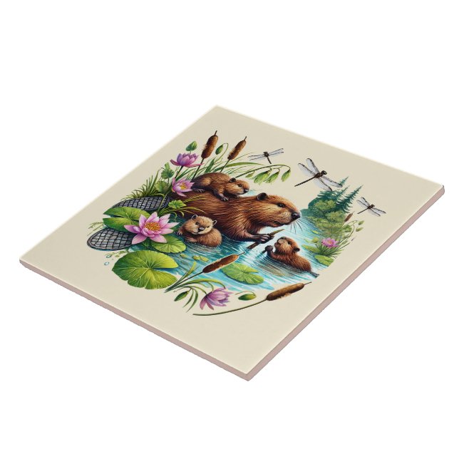 Cute woodland beaver lovers tile (Side)