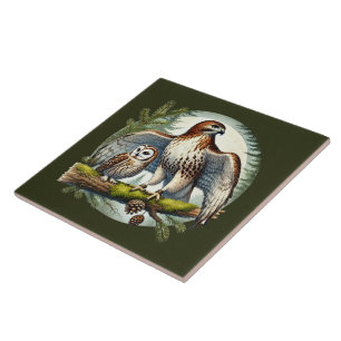 Cute woodland birds eagle owl tile