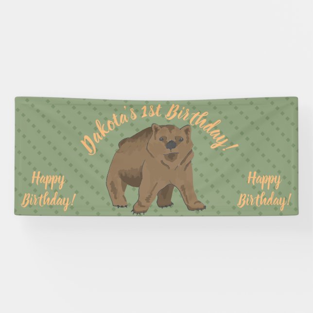 Cute Woodland Brown Bear Cub Birthday Banner (Horizontal)