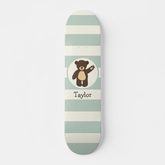 Cute Woodland Brown Bear; Sage Green Stripes Skateboard (Front)