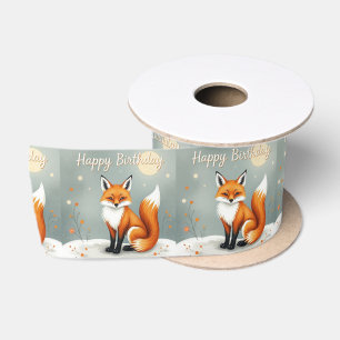 Cute Woodland Brown Fox Happy Birthday Satin Ribbon