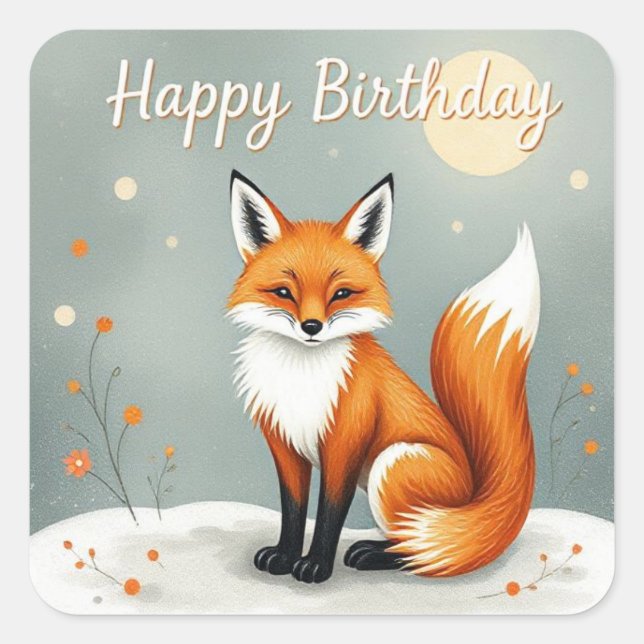 Cute Woodland Brown Fox Happy Birthday Square Sticker (Front)