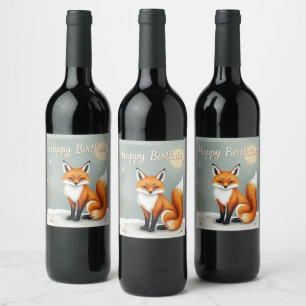 Cute Woodland Brown Fox Happy Birthday Wine Label