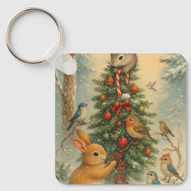 Cute woodland bunny christmas cozy festive winter  key ring (Front)