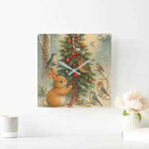 Cute woodland bunny Christmas cozy festive winter Square Wall Clock