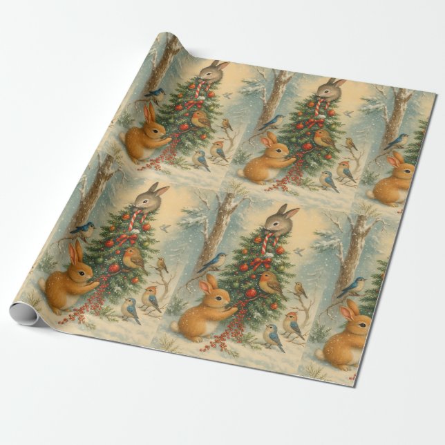 Cute woodland bunny christmas festive winter wrapping paper (Unrolled)