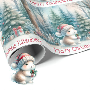 Cute Woodland Bunny Christmas Personalize Name  Wrapping Paper