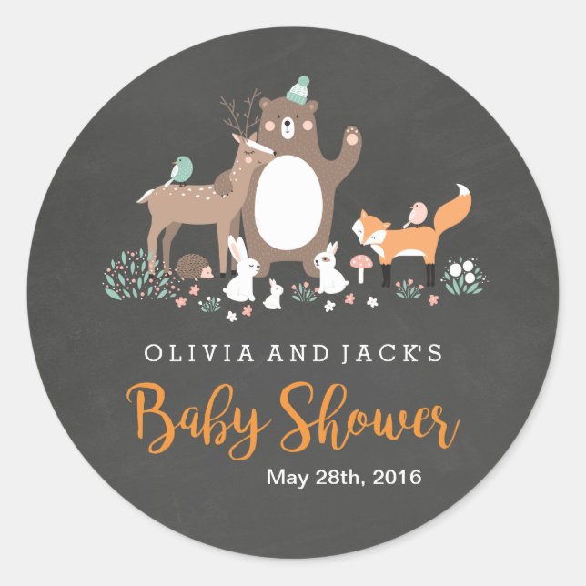 Cute Woodland Chalkboard Baby Shower Sticker (Front)