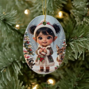Cute Woodland Chibi Girl's Personalised Christmas Ceramic Tree Decoration