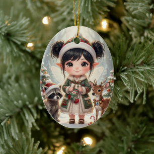Cute Woodland Chibi Girl's Personalised Christmas Ceramic Tree Decoration