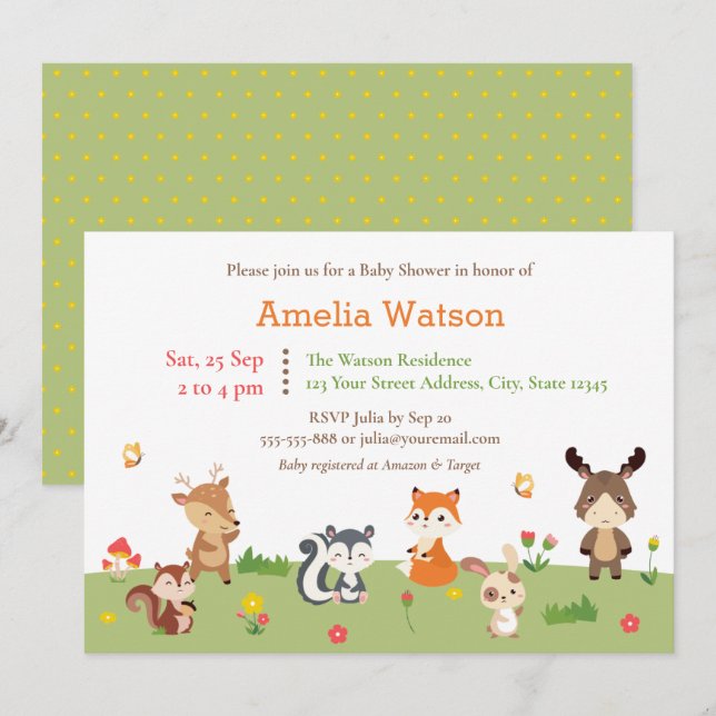 Cute Woodland Colourful Forest Animals Baby Shower Invitation (Front/Back)