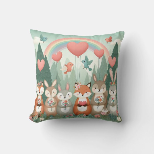 Cute Woodland Creature rainbow valentine's Cushion (Front)