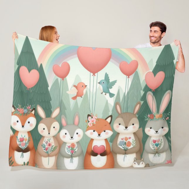 Cute Woodland Creature rainbow valentine's Fleece Blanket (In Situ)