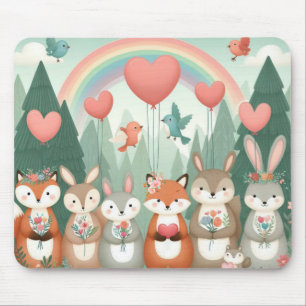 Cute Woodland Creature rainbow valentine's Mouse Mat
