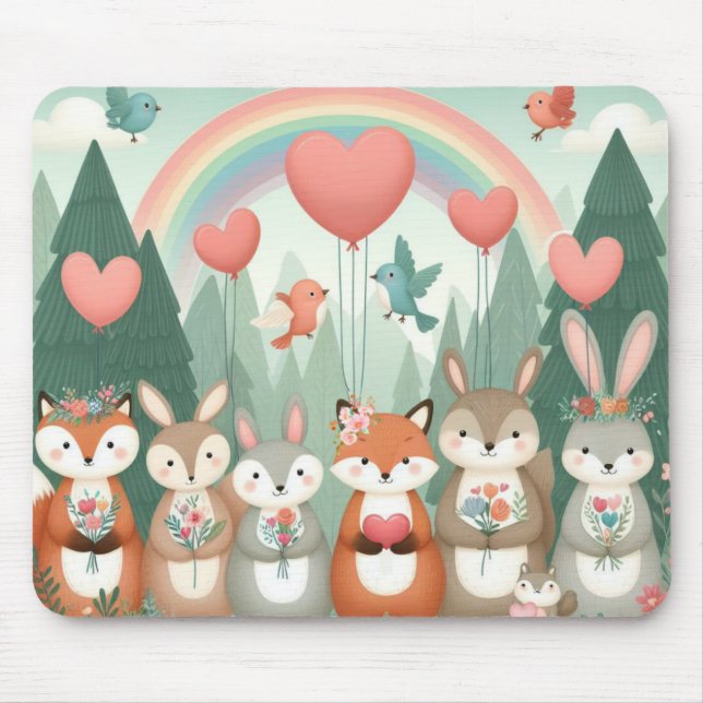 Cute Woodland Creature rainbow valentine's Mouse Mat (Front)
