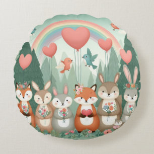Cute Woodland Creature rainbow valentine's Round Cushion
