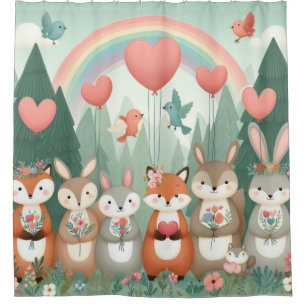 Cute Woodland Creature rainbow valentine's Shower Curtain