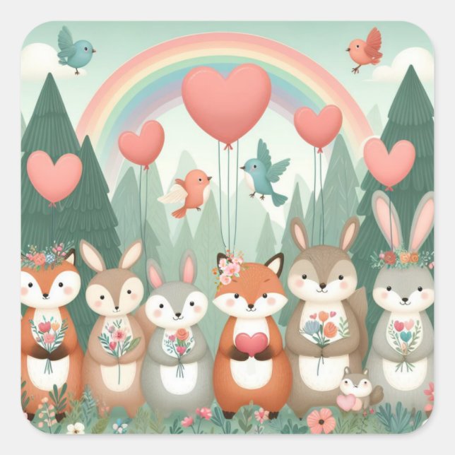 Cute Woodland Creature rainbow valentine's Square Sticker (Front)