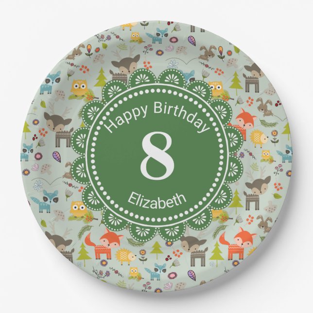 Cute Woodland Creatures Animal Pattern Birthday Paper Plate (Front)