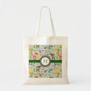 Cute Woodland Creatures Animal Pattern Monogram Tote Bag