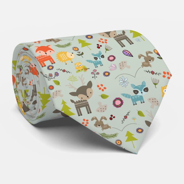 Cute Woodland Creatures Animal Pattern Tie (Rolled)