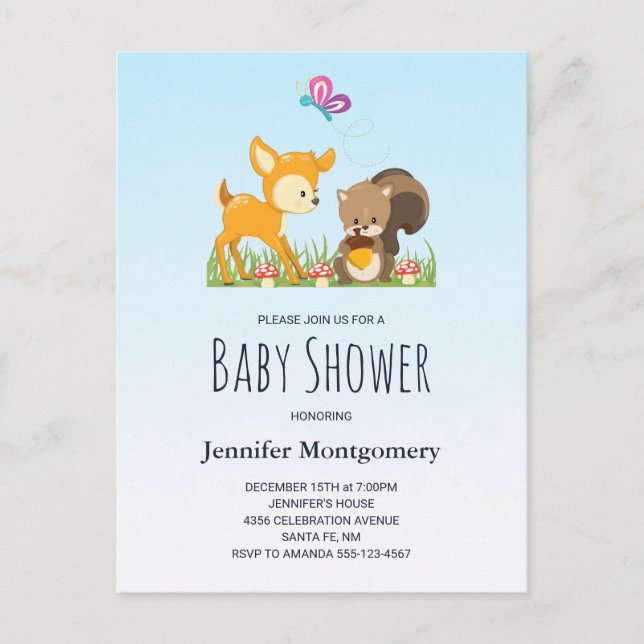 Cute Woodland Creatures Cartoon Baby Shower Invitation Postcard (Front)