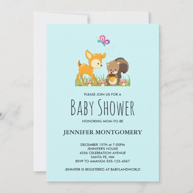 Cute Woodland Creatures Cartoon Baby Shower Invite (Front)