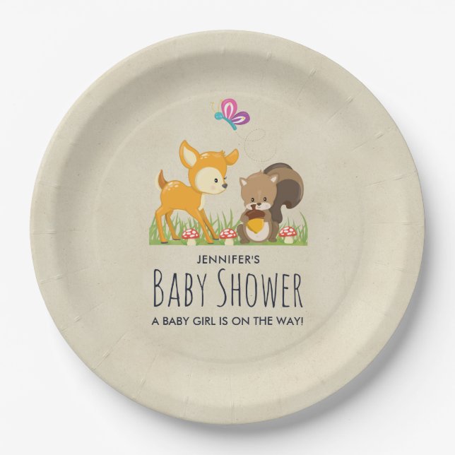 Cute Woodland Creatures Cartoon Baby Shower Paper Plate (Front)
