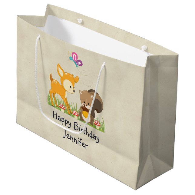Cute Woodland Creatures Cartoon Birthday Large Gift Bag (Front Angled)