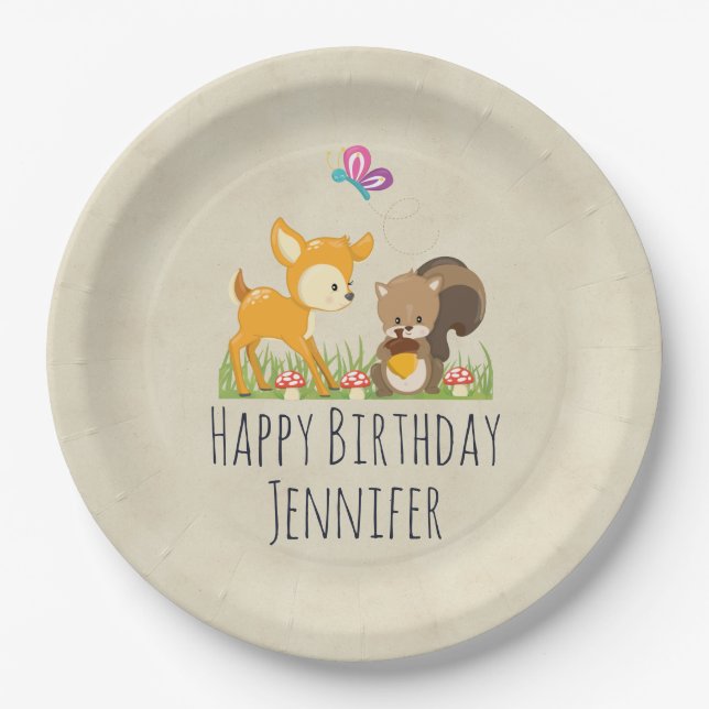Cute Woodland Creatures Cartoon Birthday Party Paper Plate (Front)