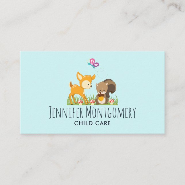 Cute Woodland Creatures Cartoon Illustration Business Card (Front)