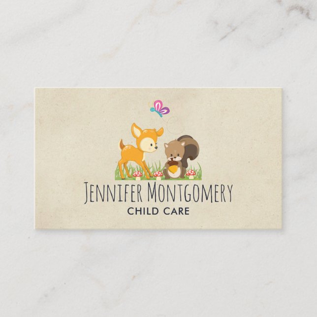 Cute Woodland Creatures Cartoon Illustration Business Card (Front)