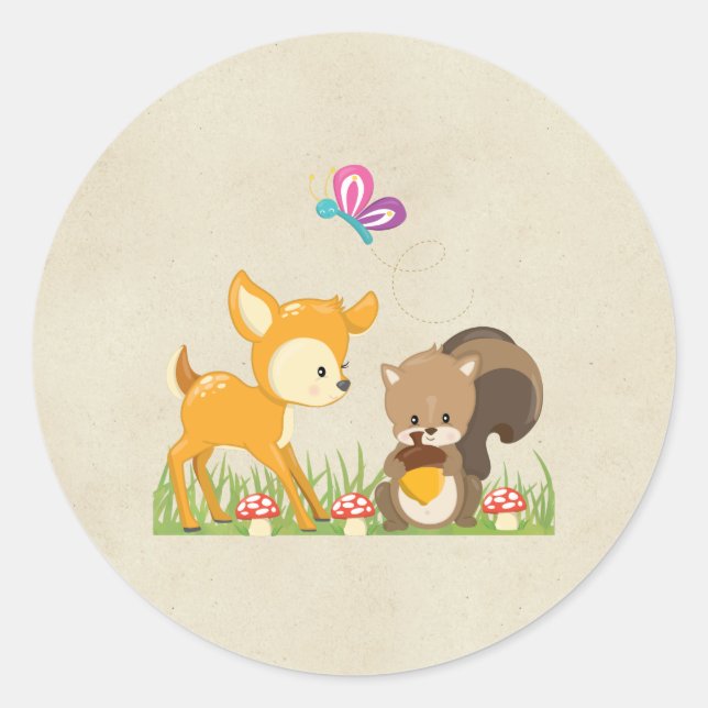 Cute Woodland Creatures Cartoon Illustration Classic Round Sticker (Front)