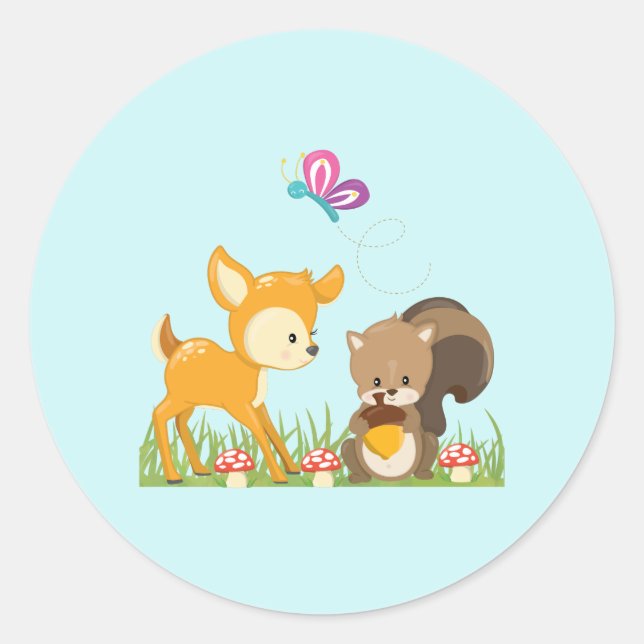 Cute Woodland Creatures Cartoon Illustration Classic Round Sticker (Front)