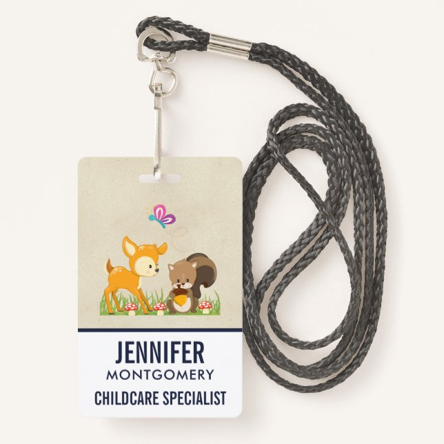 Cute Woodland Creatures Cartoon Illustration ID Badge (Front with Lanyard)