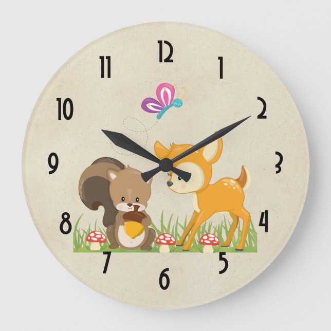 Cute Woodland Creatures Cartoon Illustration Large Clock (Front)
