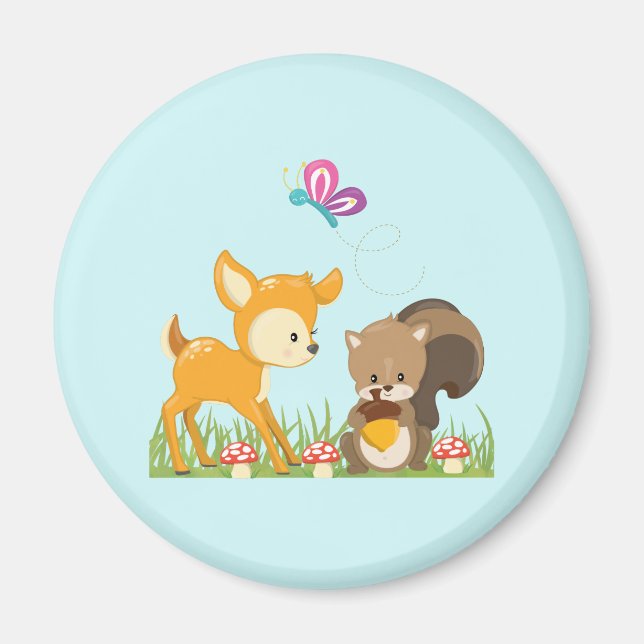 Cute Woodland Creatures Cartoon Illustration Magnet (Front)