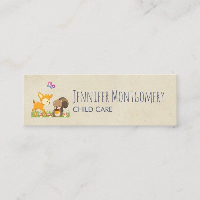 Cute Woodland Creatures Cartoon Illustration Mini Business Card (Front)