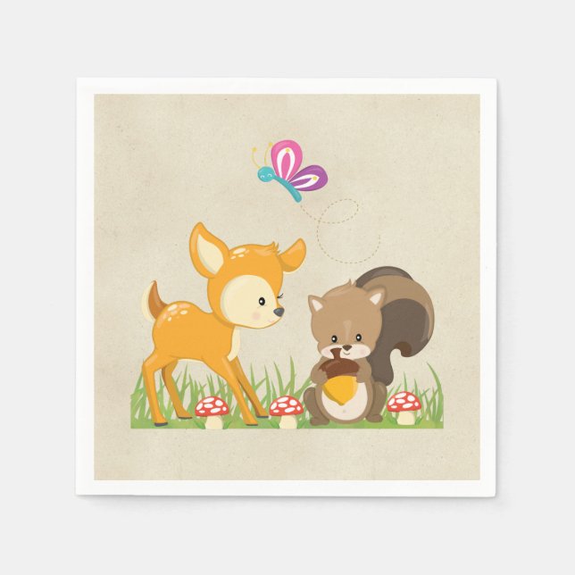 Cute Woodland Creatures Cartoon Illustration Napkin (Front)