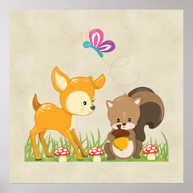 Cute Woodland Creatures Cartoon Illustration Poster (Front)