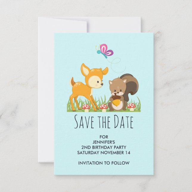 Cute Woodland Creatures Cartoon Illustration Save The Date (Front)