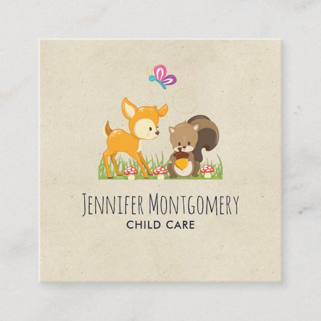 Cute Woodland Creatures Cartoon Illustration Square Business Card (Front)