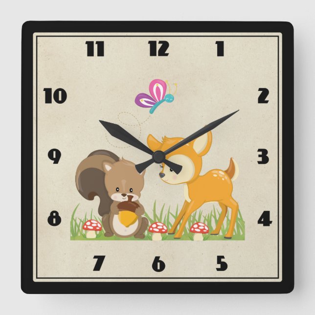 Cute Woodland Creatures Cartoon Illustration Square Wall Clock (Front)