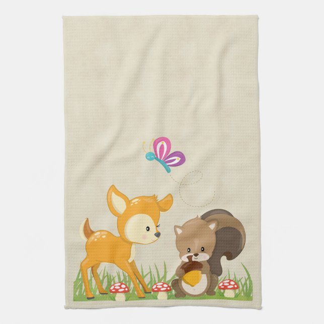 Cute Woodland Creatures Cartoon Illustration Tea Towel (Vertical)