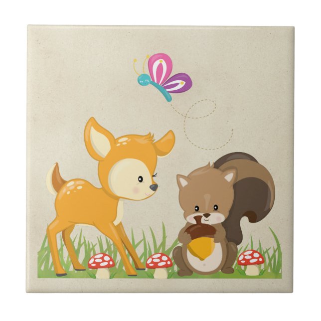 Cute Woodland Creatures Cartoon Illustration Tile (Front)