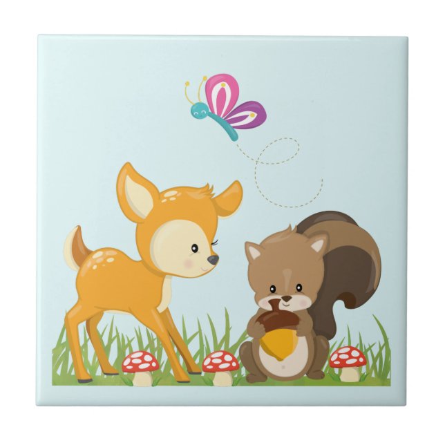 Cute Woodland Creatures Cartoon Illustration Tile (Front)