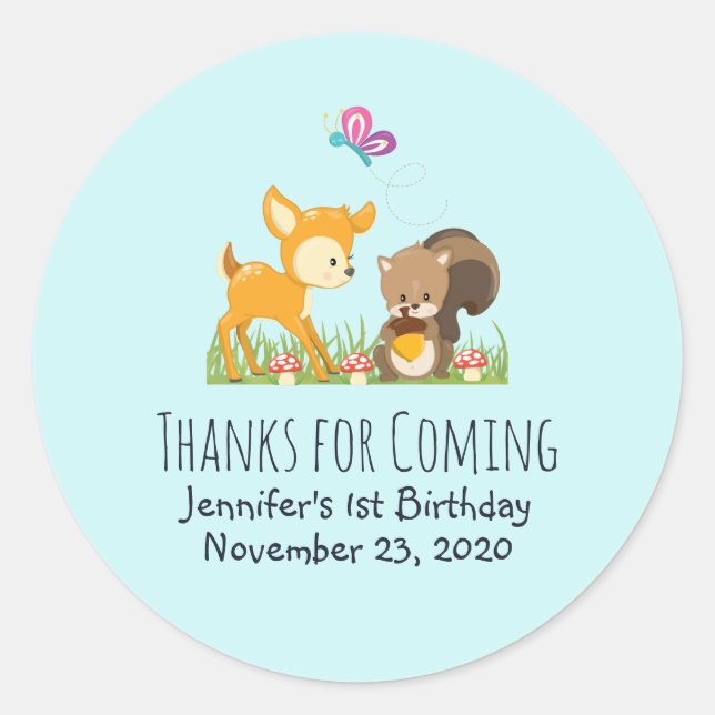 Cute Woodland Creatures Cartoon Party Thank You Classic Round Sticker (Front)